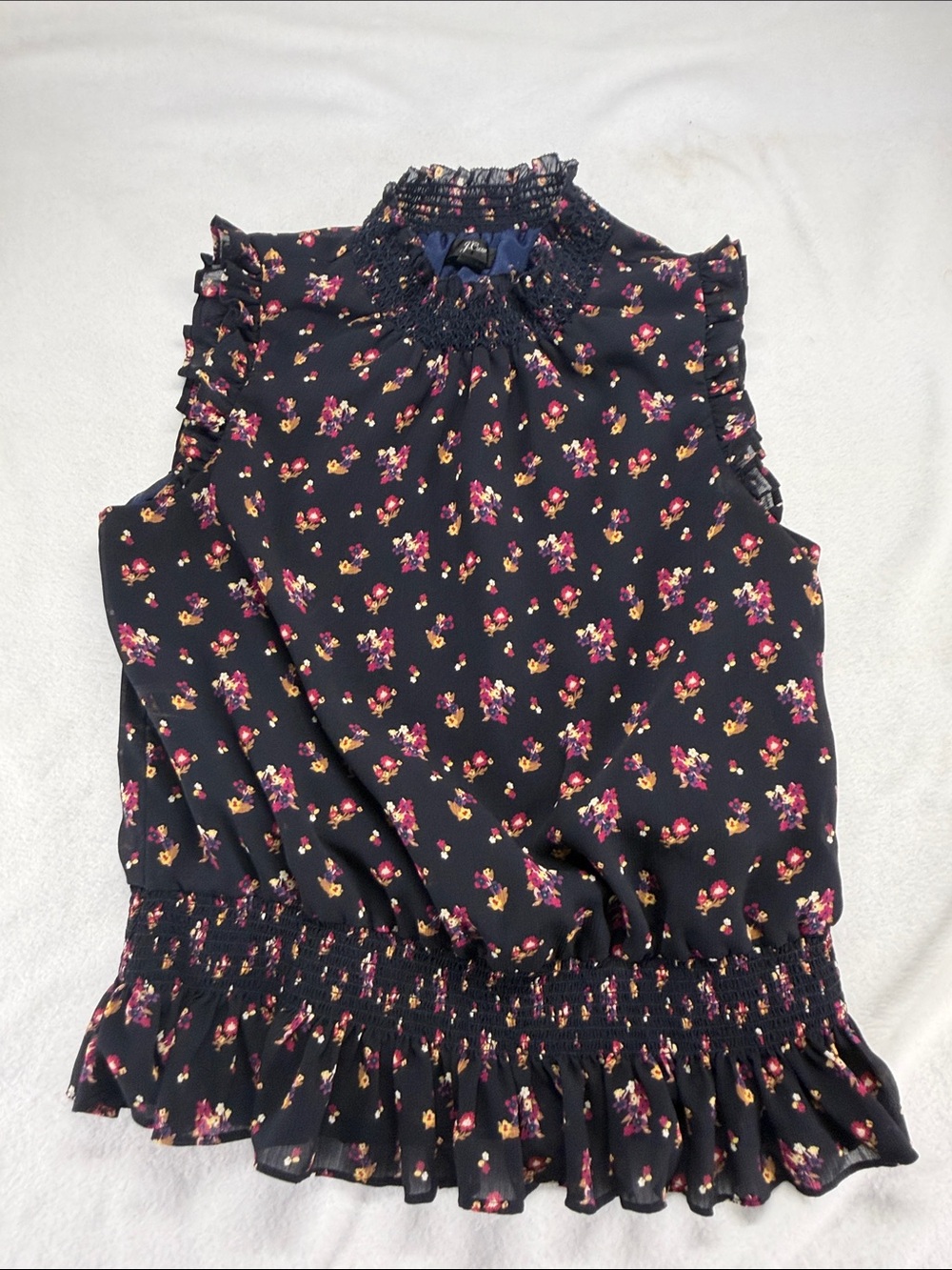 J. Crew Black Floral Smocked-Neck Ruffled Sleeveless Camisole